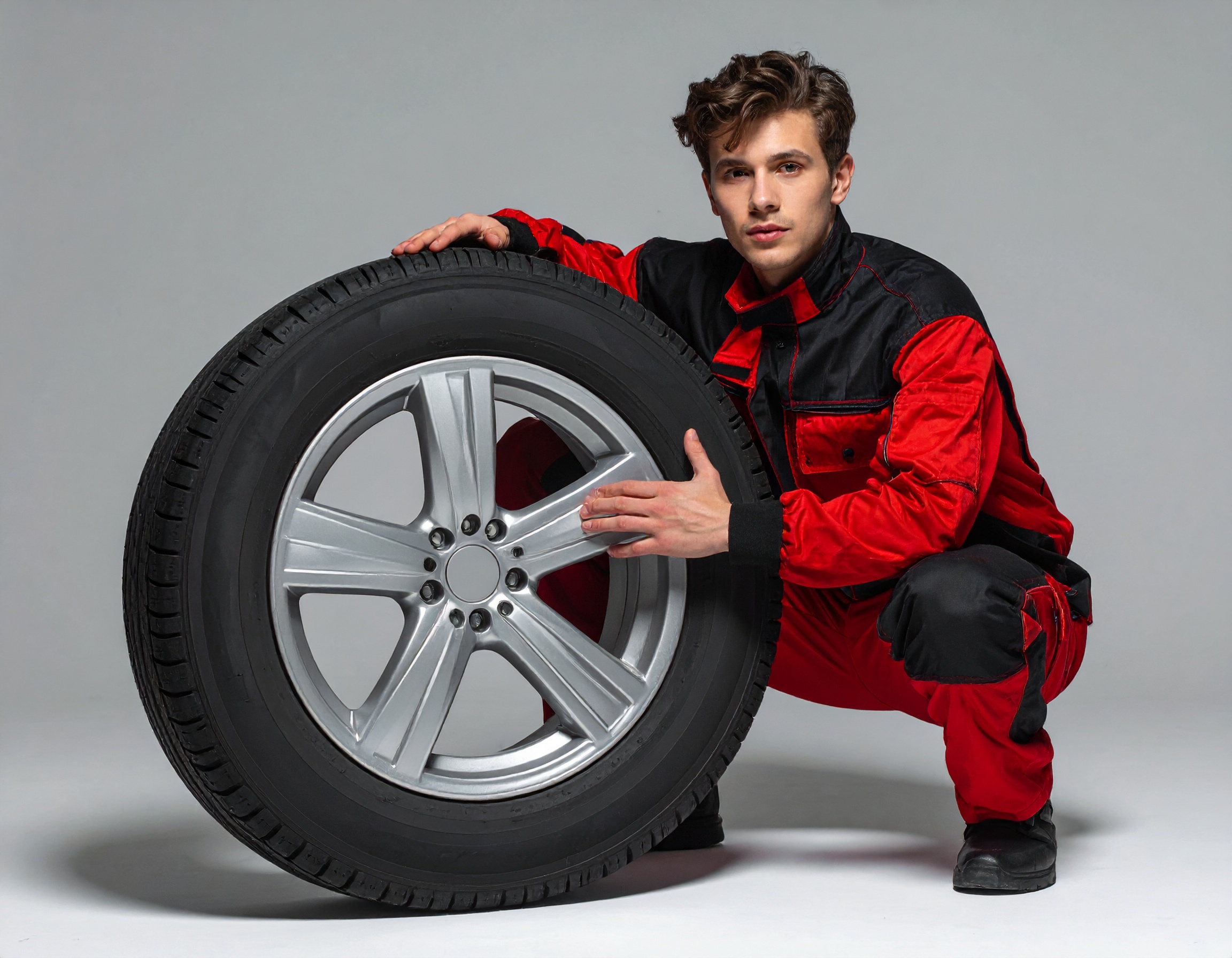 Firefly_homme en combinaison rouge et noire qui porte un pneu auto- rendu à l'échelle et ultr 485944